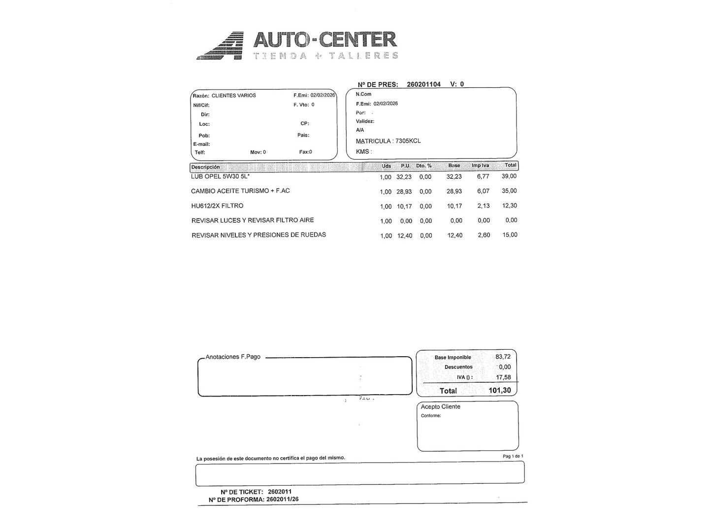 Foto del mantenimiento del Opel Corsa Opel Corsa 1.4 Selective (90 CV)