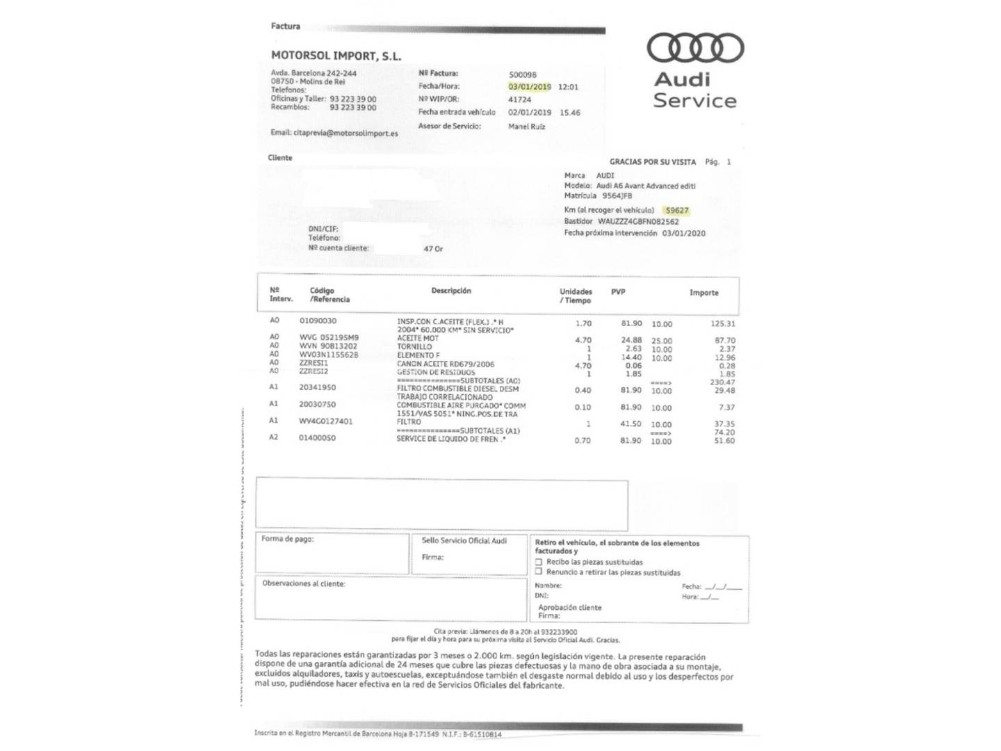Foto del mantenimiento del Audi A6 Audi A6 Avant Advanced edition 2.0 TDI ultra (190 CV) S tronic