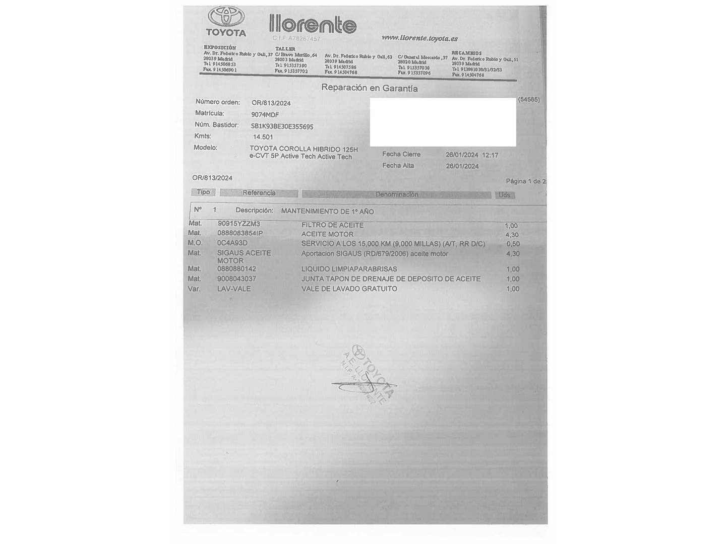 Foto del mantenimiento del Toyota Corolla Toyota Corolla 1.8 125 Híbrido Active Tech E-CVT (122 CV)