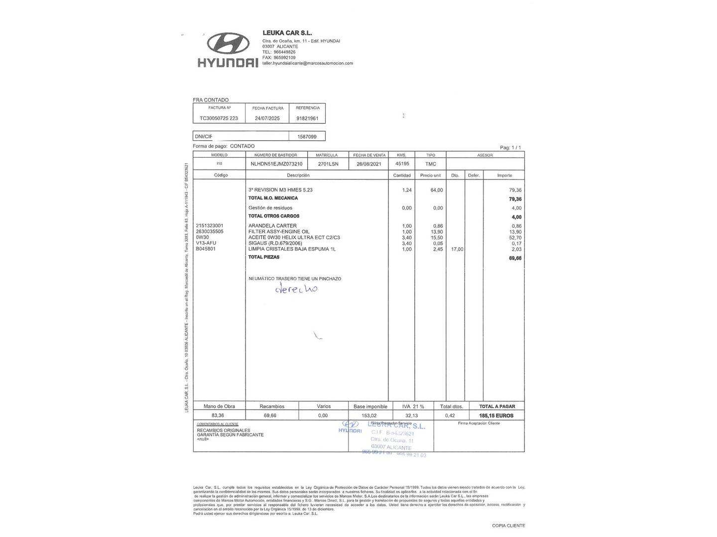 Foto del mantenimiento del Hyundai i10 Hyundai i10 1.2 Tecno AT (84 CV)