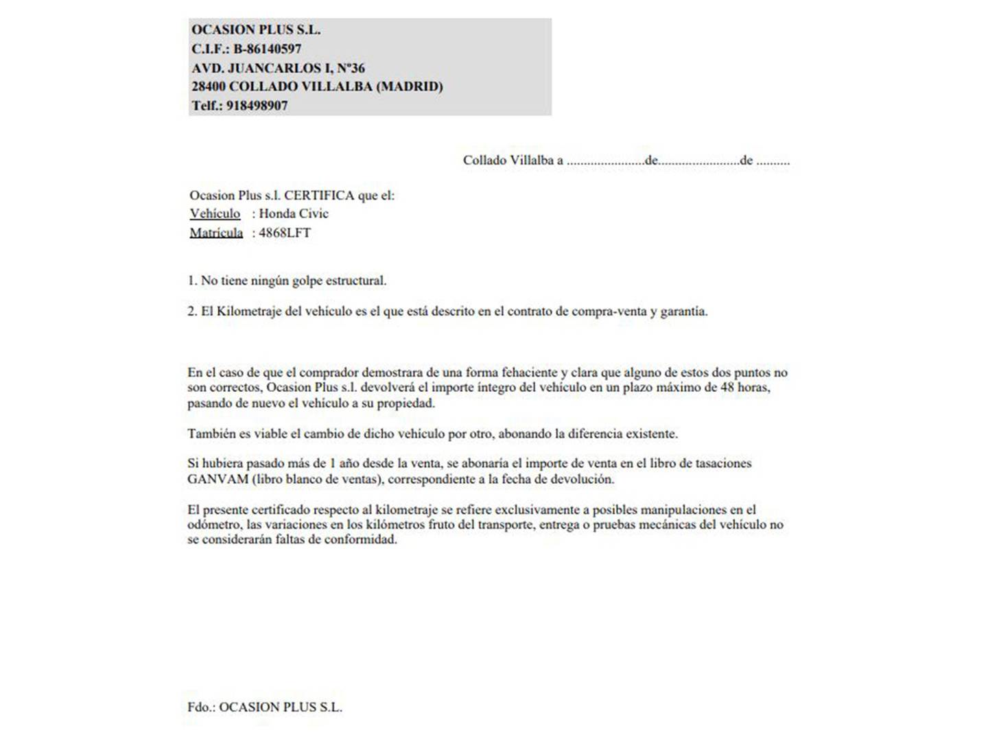 Foto del certificado del Honda Civic Honda Civic 1.0 I-VTEC Turbo Dynamic Nav CVT (129 CV)