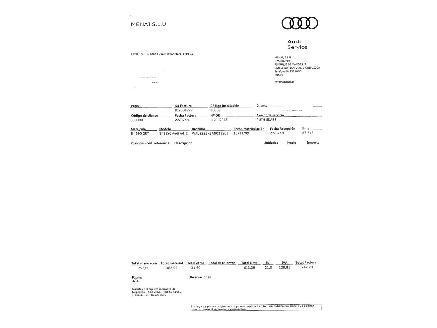 Foto del mantenimiento del Audi A4 Audi A4 2.0 TDI e DPF (136 CV)