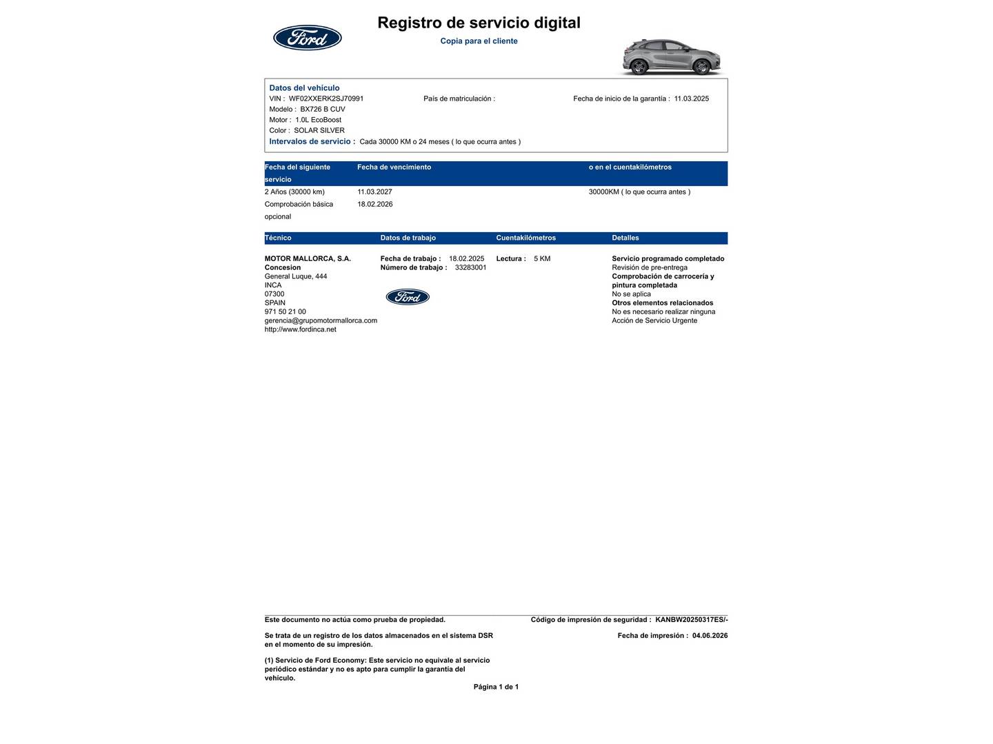 Foto del mantenimiento del Ford Puma Ford Puma 1.0 EcoBoost MHEV ST-Line  (125 CV)
