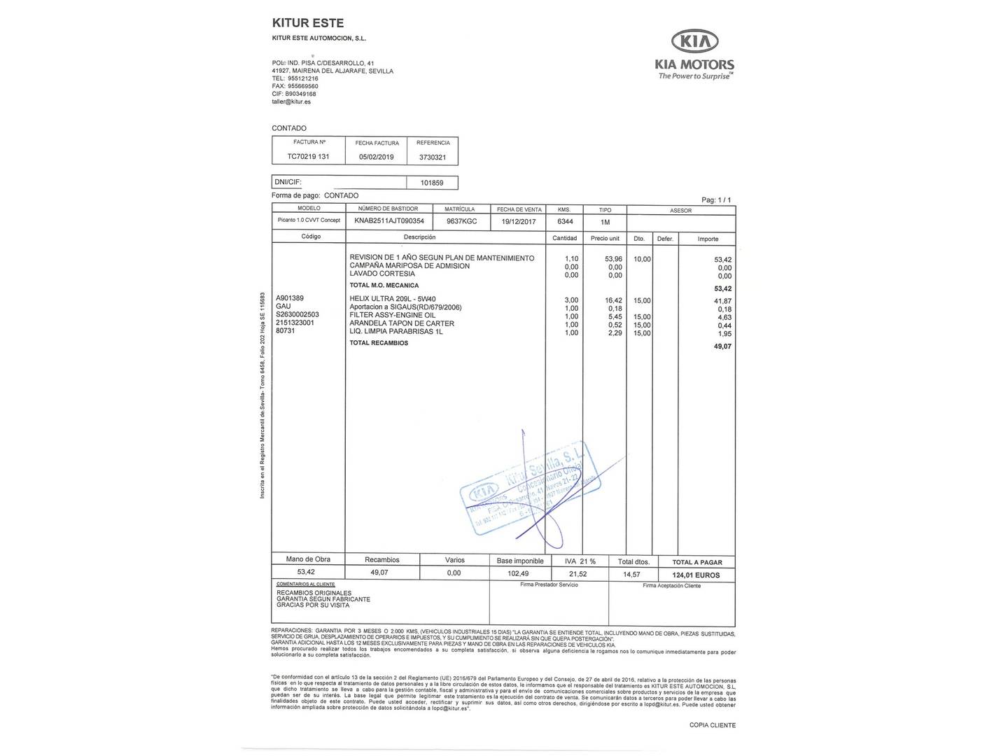 Foto del mantenimiento del KIA Picanto KIA Picanto 1.0 CVVT Concept (67 CV)