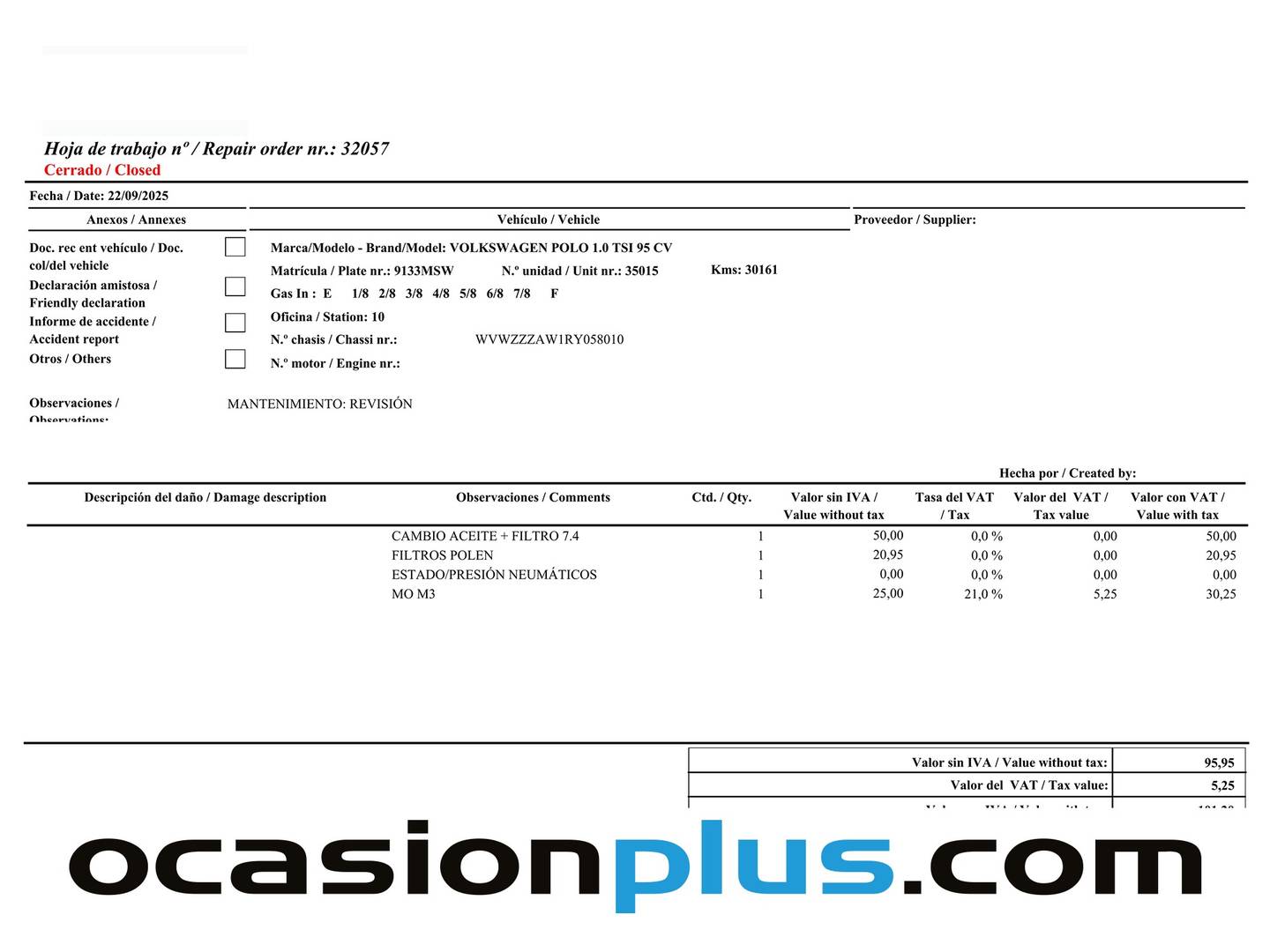 Foto del mantenimiento del Volkswagen Polo Volkswagen Polo Life 1.0 TSI (95 CV) DSG