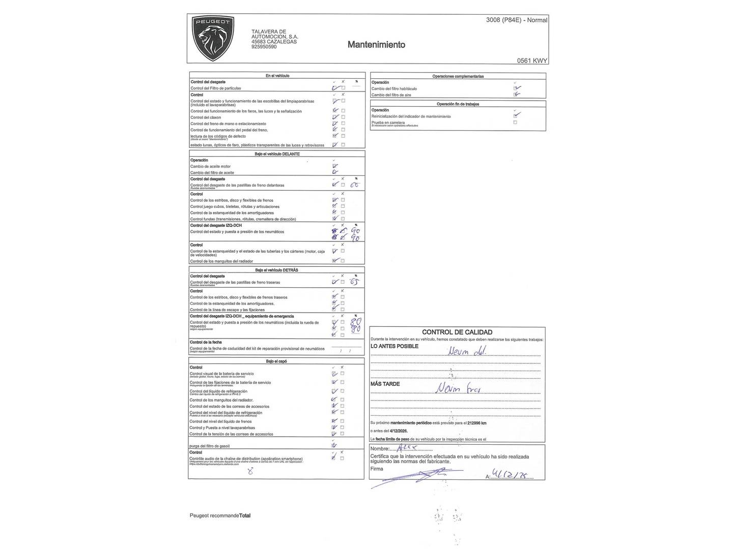 Foto del mantenimiento del Peugeot 3008 Peugeot 3008 BlueHDI 130 S&S Allure EAT8 (130 CV)