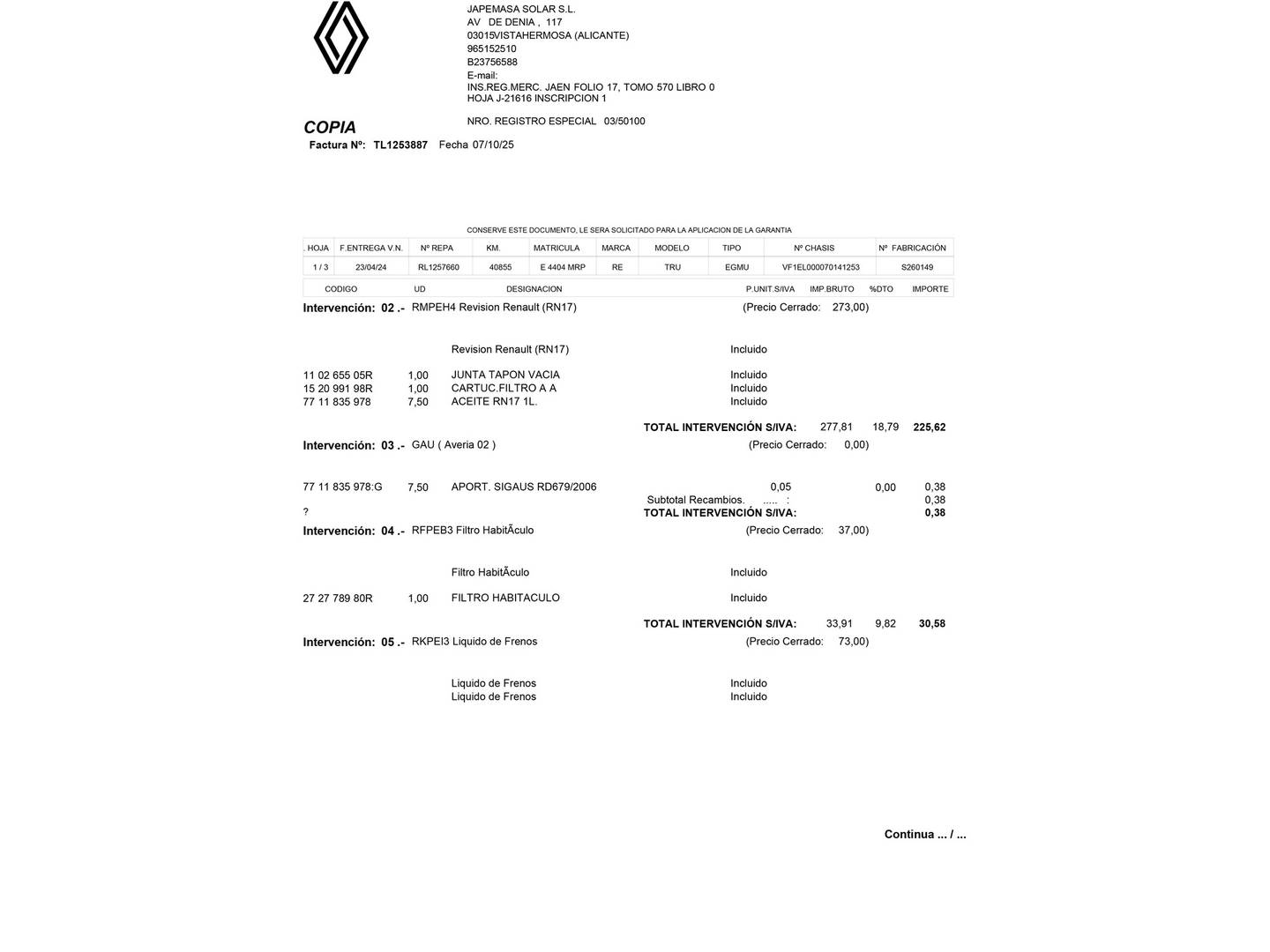 Foto del mantenimiento del Renault Trafic Renault Trafic Piso Cabina L2 Energy dCi (150 CV)