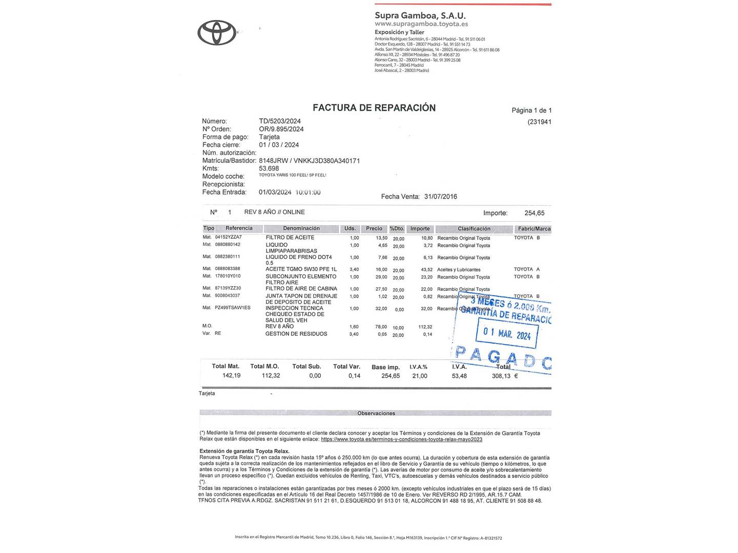 Foto del mantenimiento del Toyota Yaris Toyota Yaris 1.3 100 Feel (99 CV)