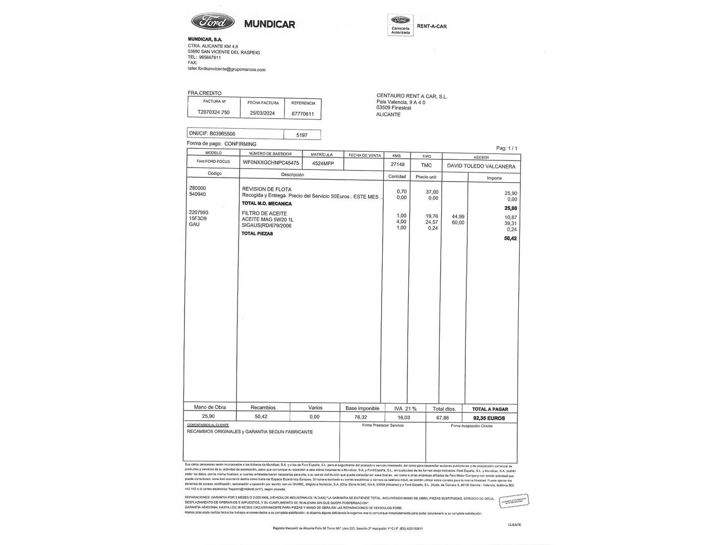 Foto del mantenimiento del Ford Focus Ford Focus 1.0 Ecoboost MHEV ST-Line (125 CV)