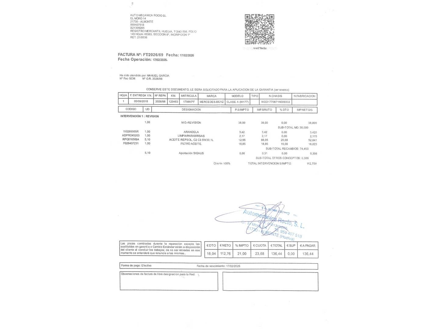 Foto del mantenimiento del Mercedes Clase A Mercedes-Benz Clase A 200 (163 CV) Pack AMG