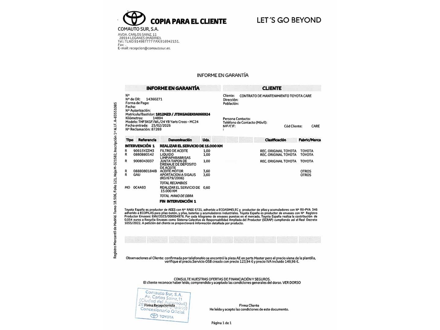 Foto del mantenimiento del Toyota Yaris Cross Toyota Yaris Cross 130H GR Sport (130 CV)
