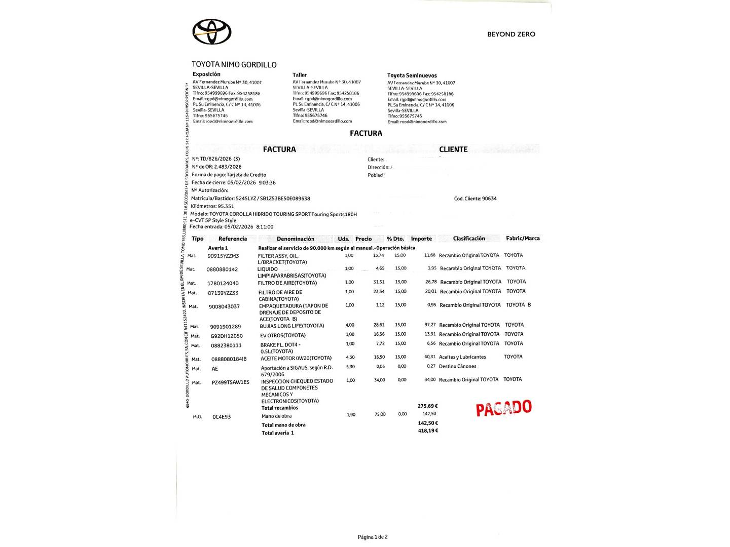 Foto del mantenimiento del Toyota Corolla Toyota Corolla Touring Sports 180H Style E-CVT 132 kW (180 CV)
