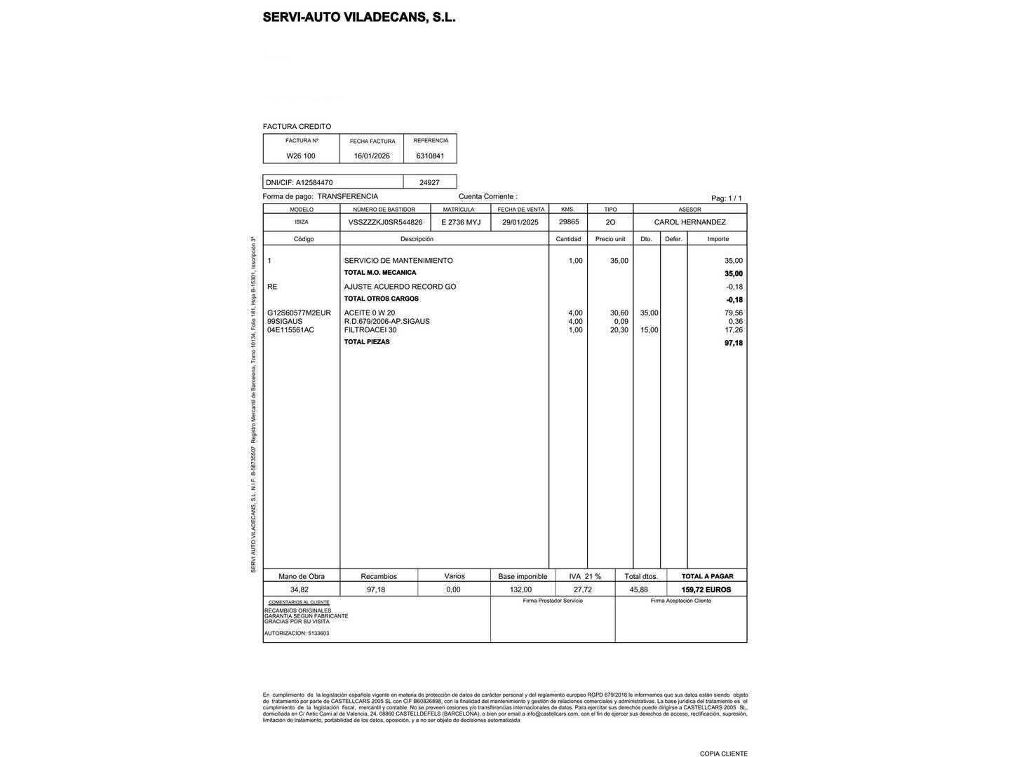 Foto del mantenimiento del Seat Ibiza Seat Ibiza 1.0 TSI S&S Xcellence (115 CV)