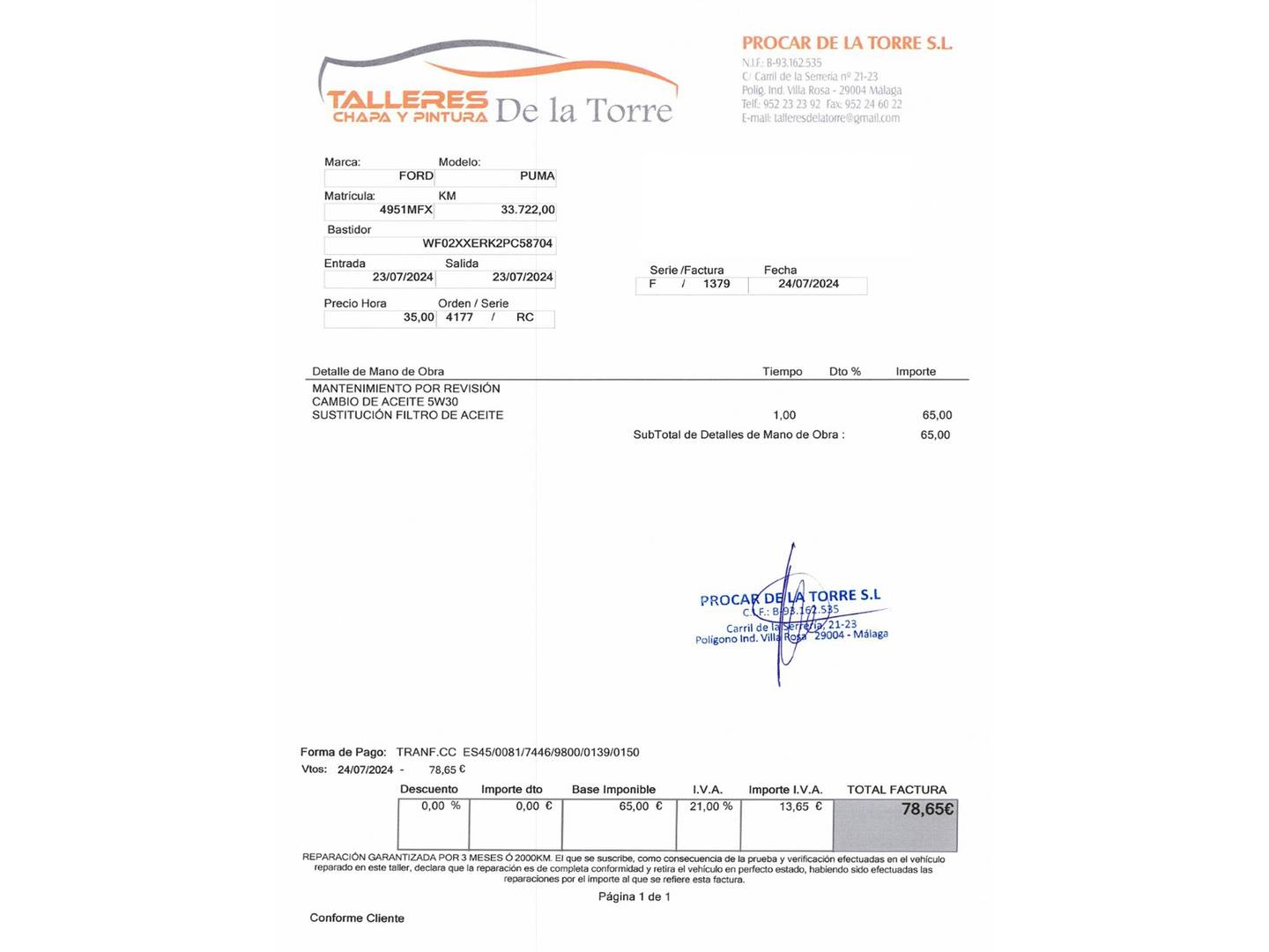 Foto del mantenimiento del Ford Puma Ford Puma 1.0 EcoBoost MHEV ST-Line X (155 CV)