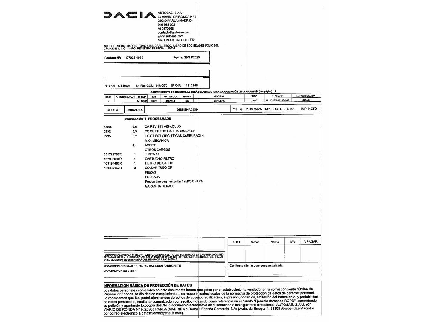 Foto del mantenimiento del Dacia Sandero Dacia Sandero Stepway Extreme Go ECO-G (101 CV)
