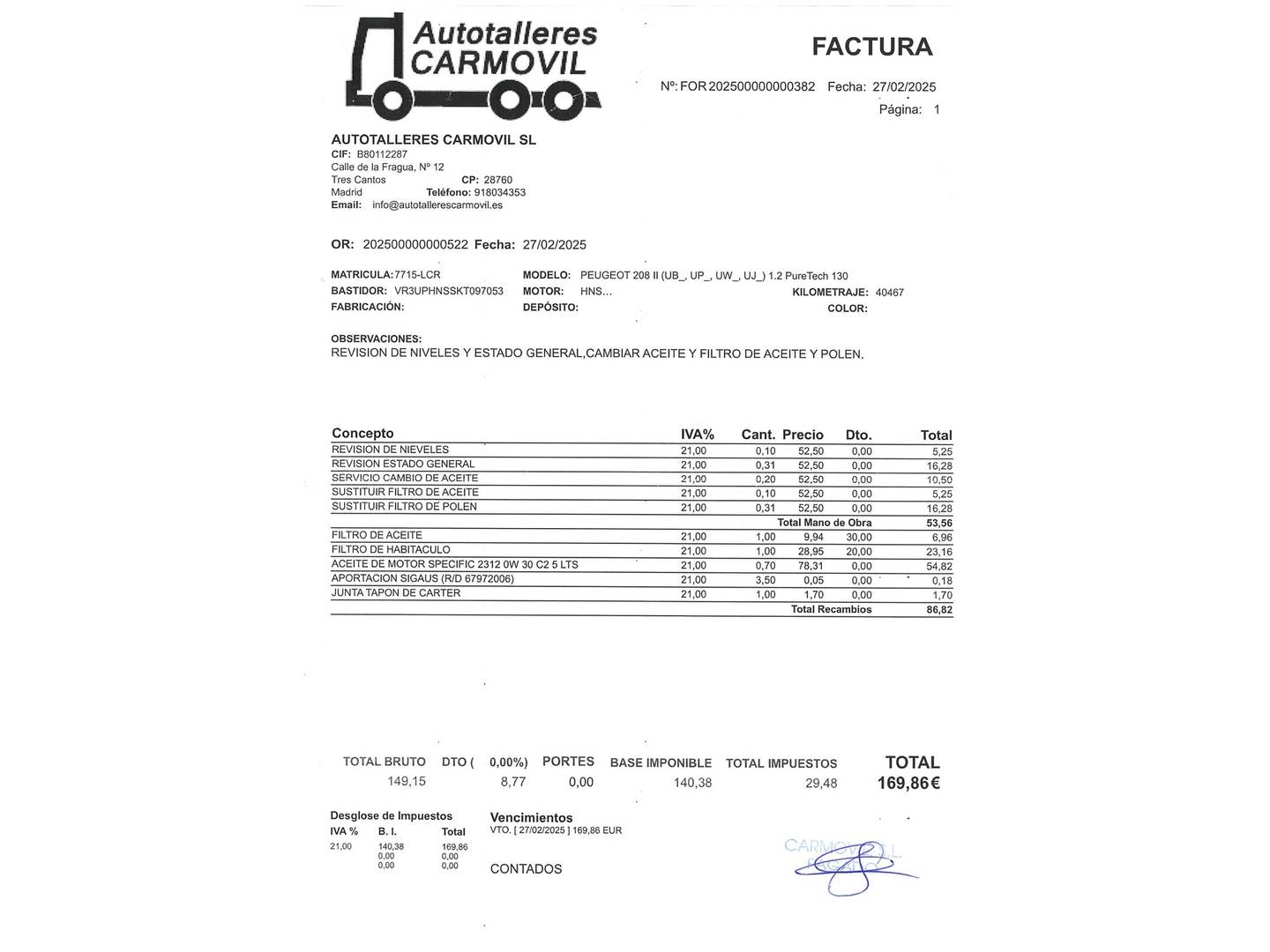 Foto del mantenimiento del Peugeot 208 Peugeot 208 PureTech 130 GT Line EAT8 (130 CV)