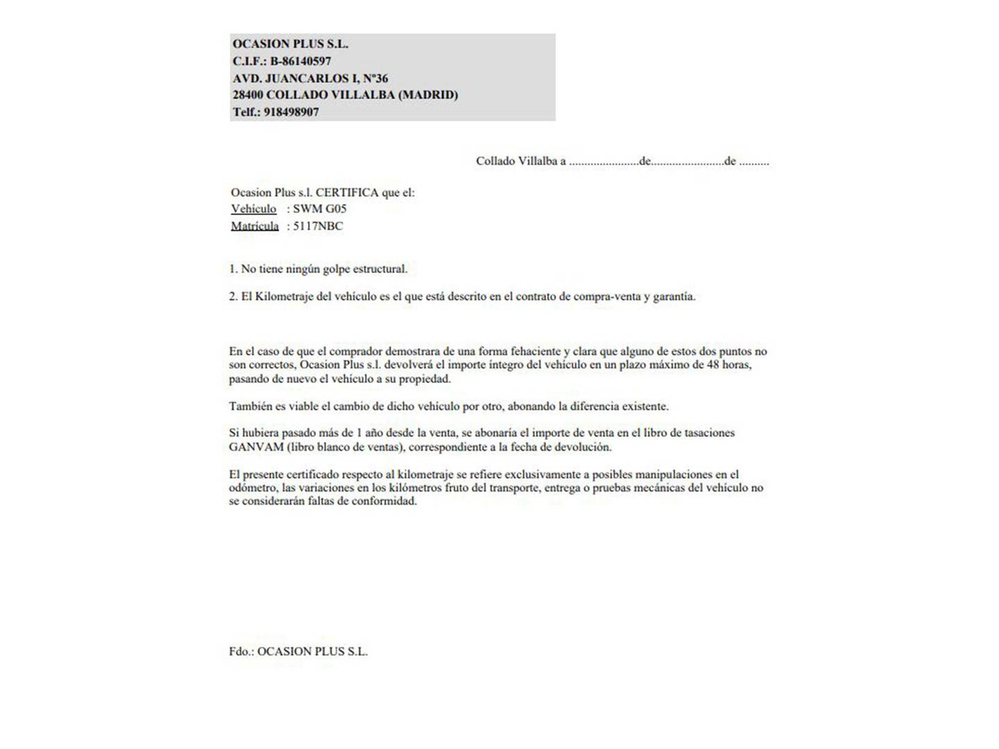 Foto del certificado del SWM G05 SWM G05 2.0 MT (139 CV) 7 Plazas