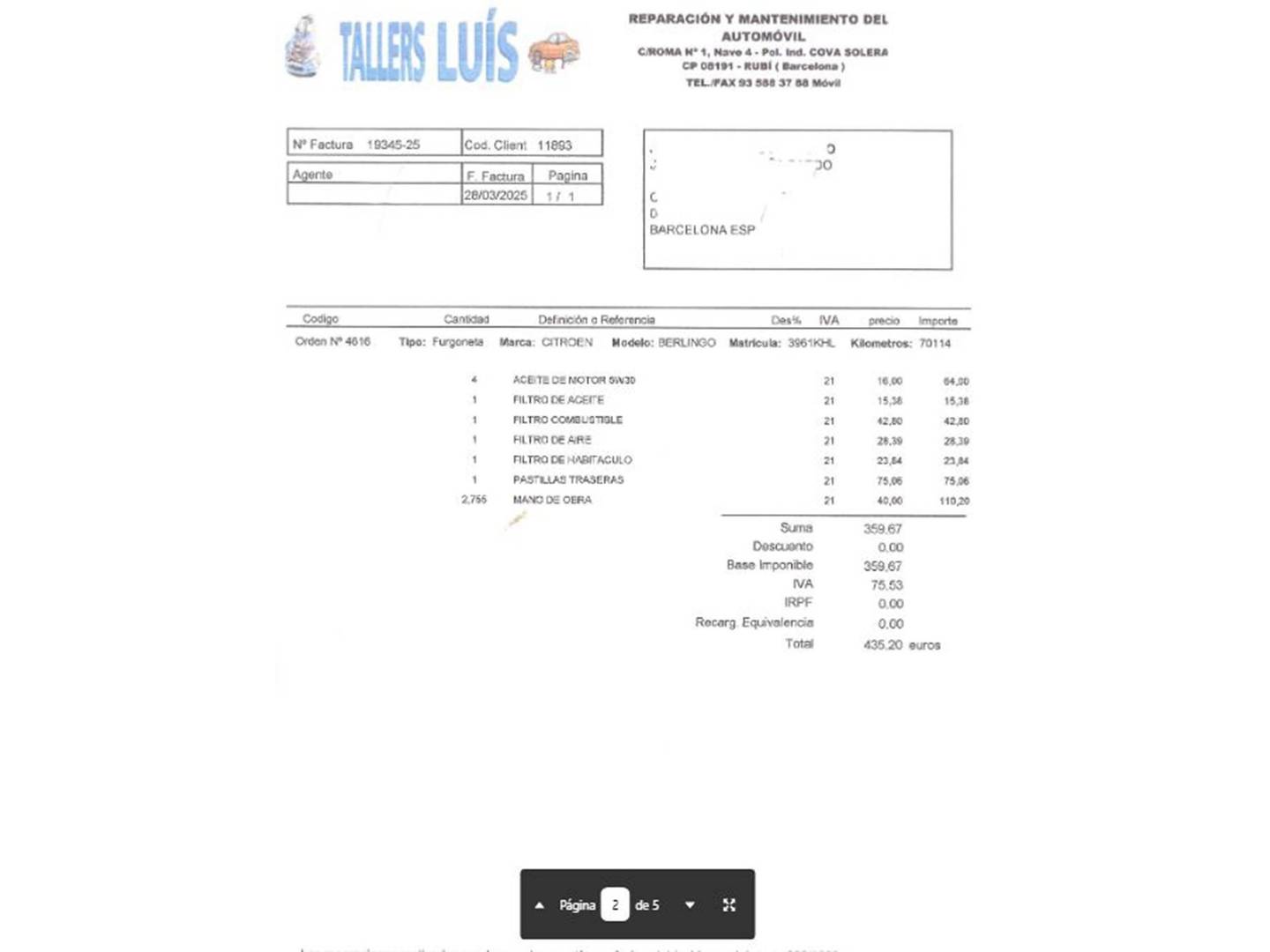 Foto del mantenimiento del Citroën Berlingo Citroen Berlingo Combi BlueHDi 100 Multispace 20 Aniversario (100 CV)