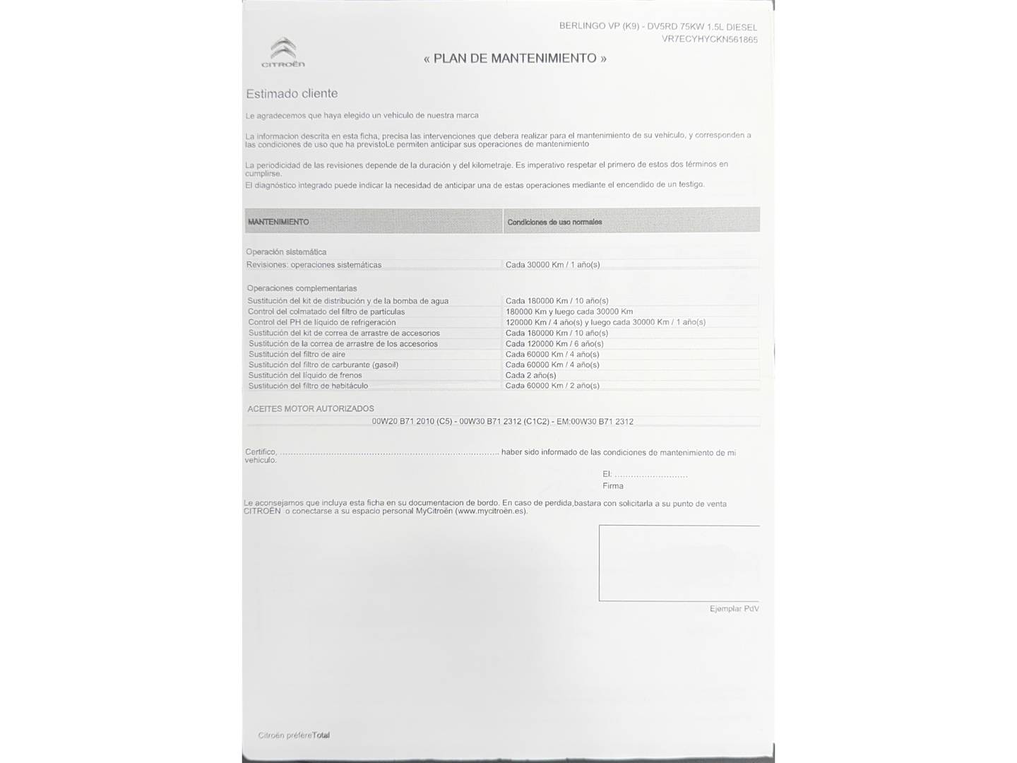 Foto del mantenimiento del Citroën Berlingo Citroën Berlingo BlueHDi 100 Talla M Shine (102 CV)
