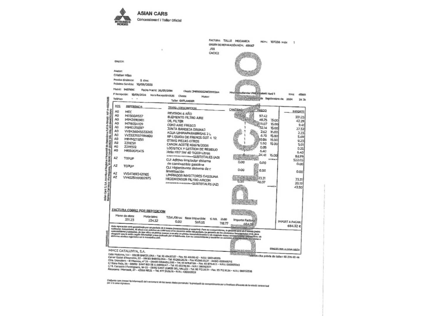 Foto del mantenimiento del Mitsubishi Outlander Mitsubishi Outlander 2.0 PHEV Kaiteki 4WD Auto (203 CV)