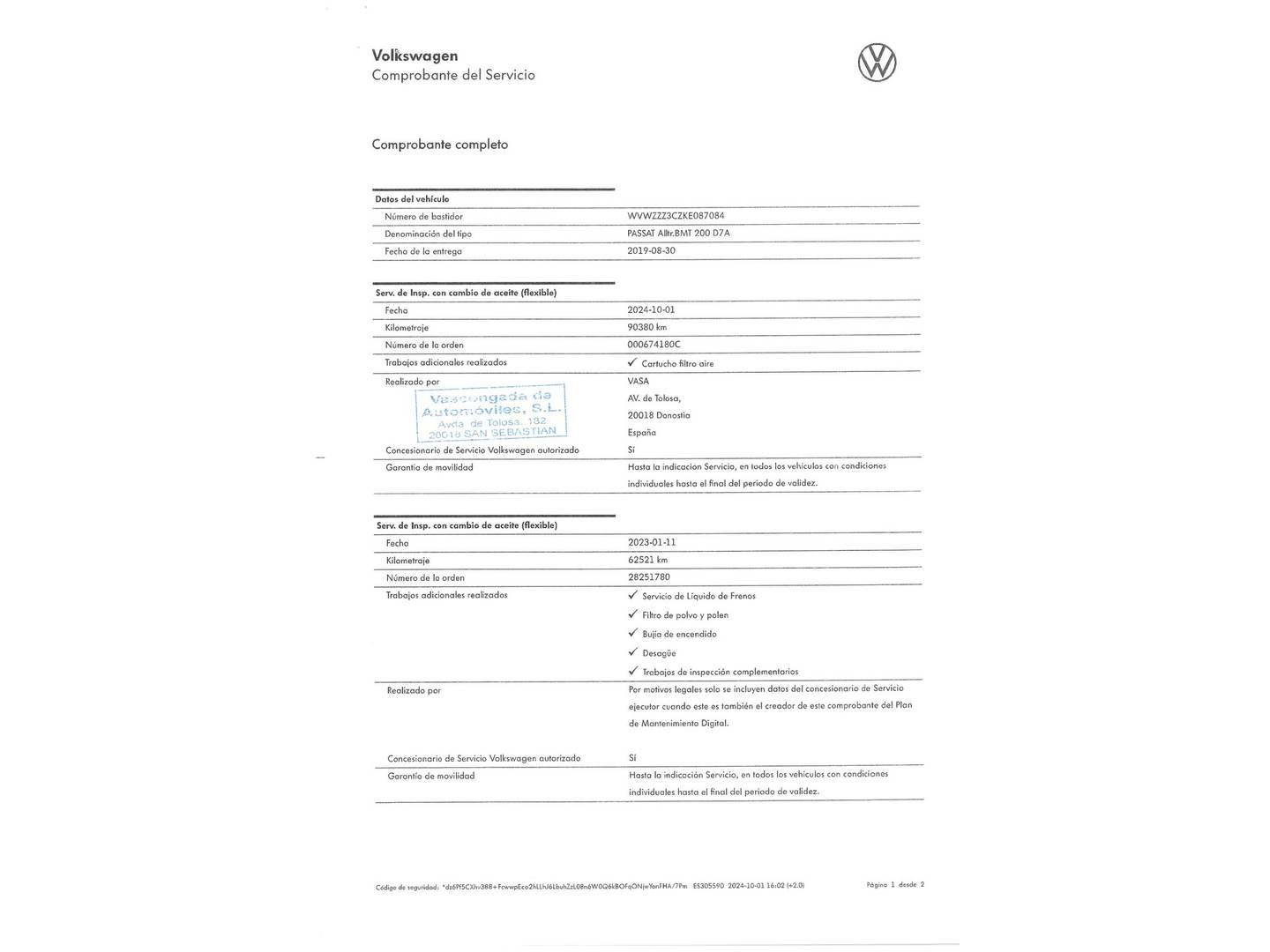 Foto del mantenimiento del Volkswagen Passat Volkswagen Passat Alltrack 2.0 TSI 4Motion (272 CV) DSG