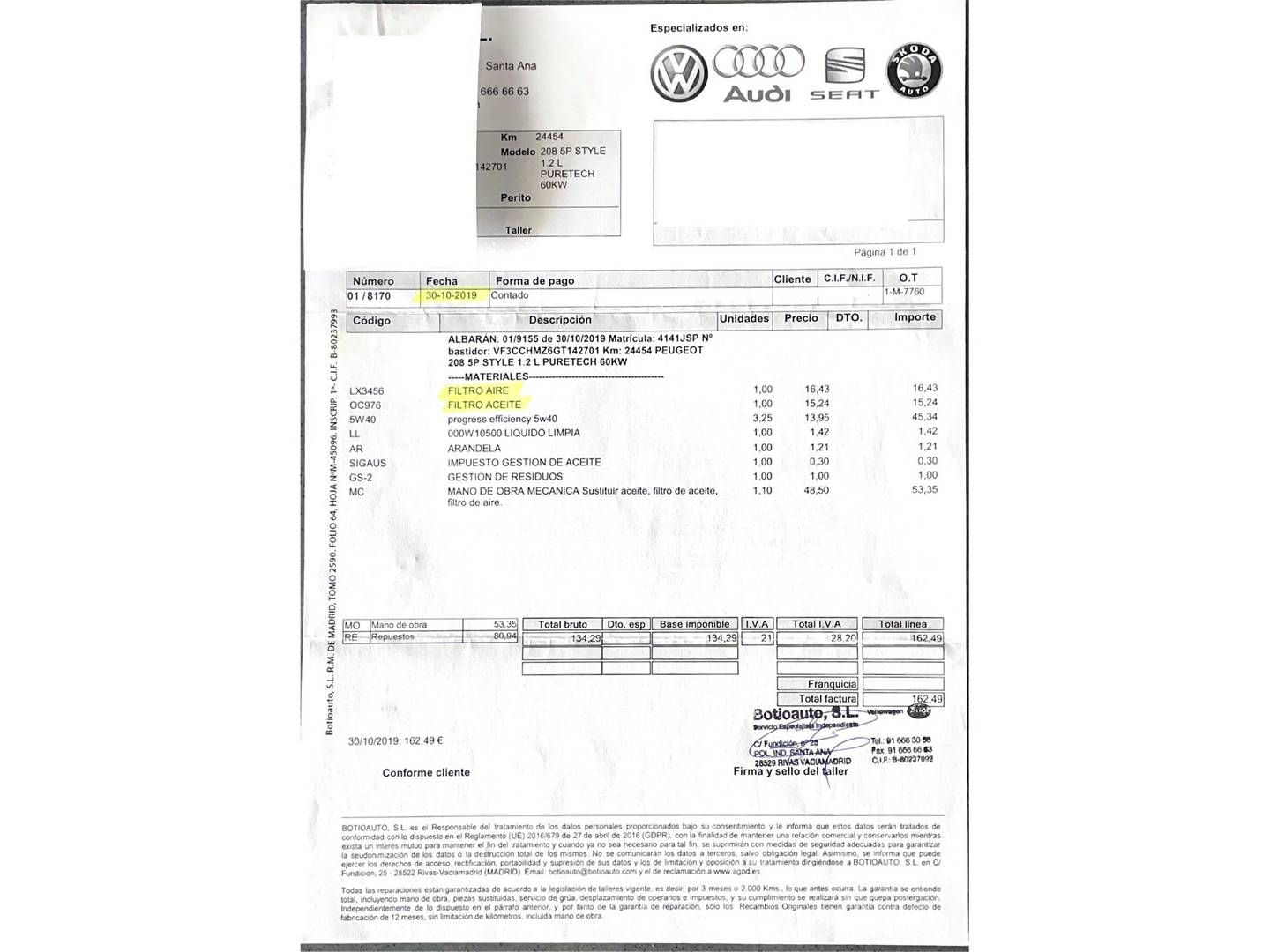 Foto del mantenimiento del Peugeot 208 Peugeot 208 PureTech 82 Style (82 CV)