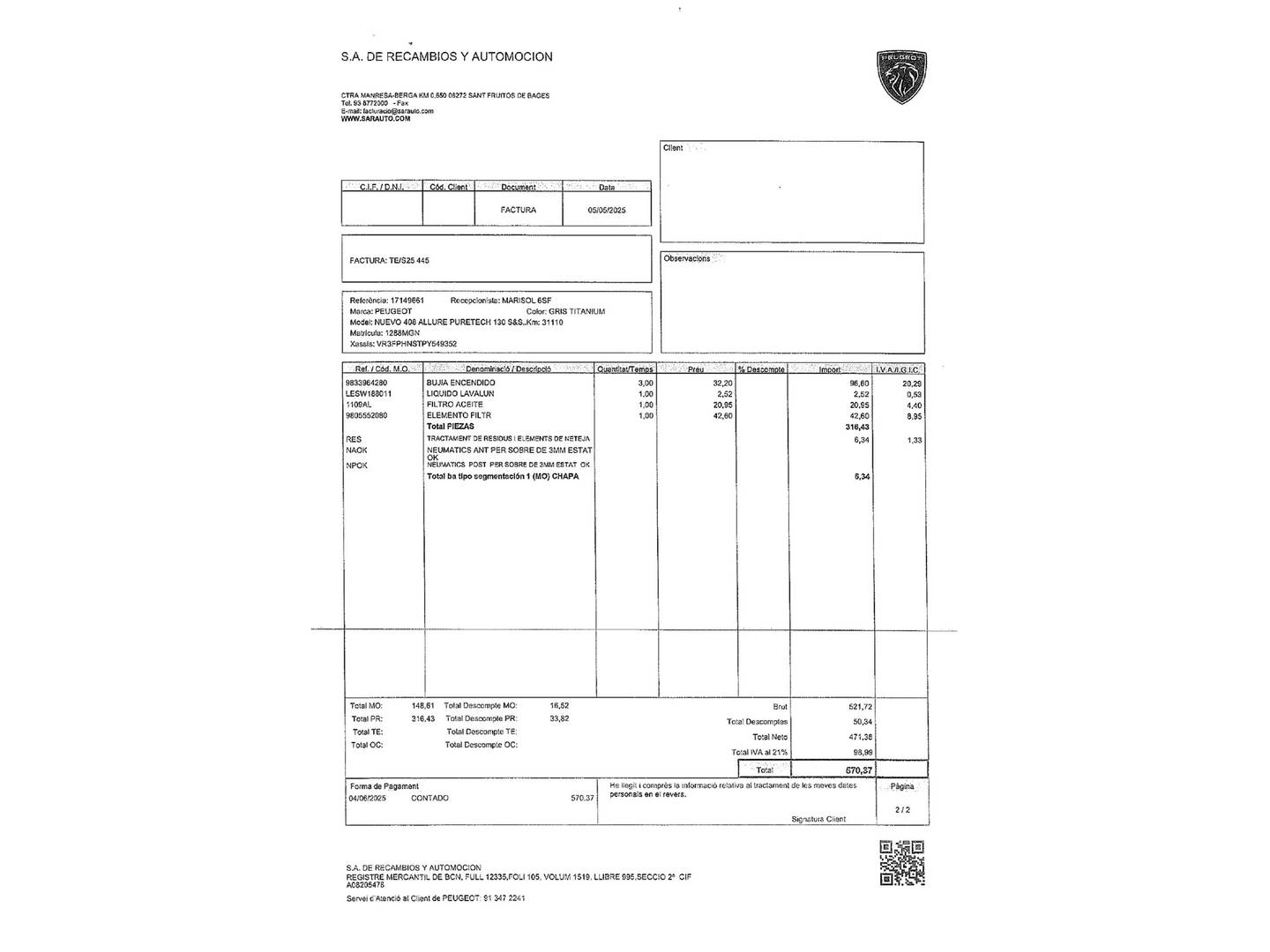 Foto del mantenimiento del Peugeot 408 Peugeot 408 Puretech 130 Allure EAT8 (130 CV)