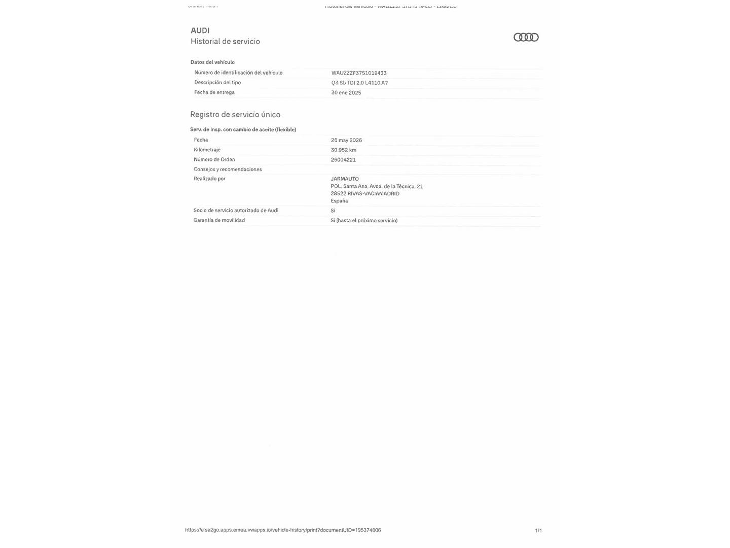 Foto del mantenimiento del Audi Q3 Sportback Audi Q3 Sportback Black Limited 35 TDI (150 CV) S tronic