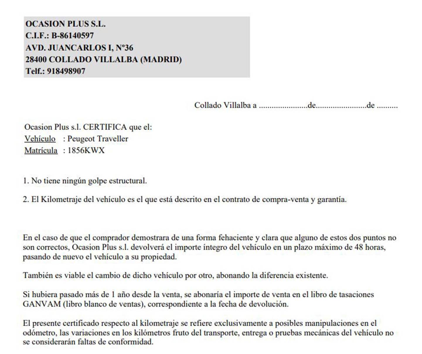 Foto del certificado del Peugeot Traveller Peugeot Traveller 2.0 BlueHDi Long Business EAT8 (180 CV) 9 Plazas