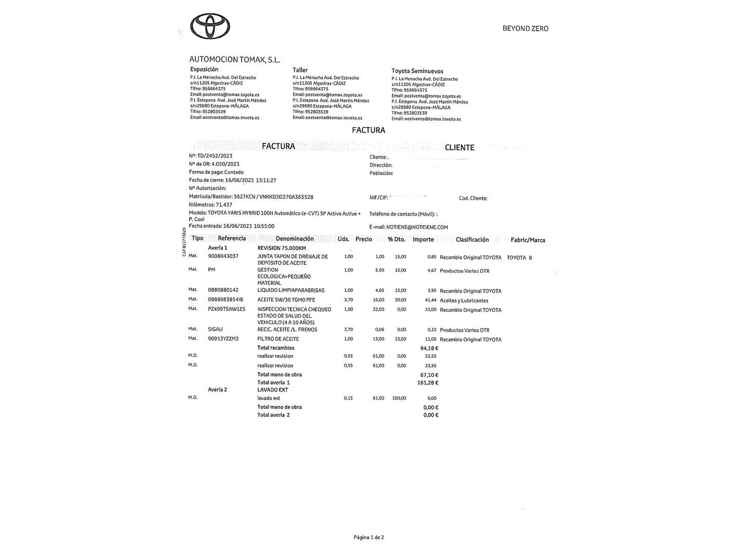 Foto del mantenimiento del Toyota Yaris Toyota Yaris 1.5 Hybrid Active (100 CV)