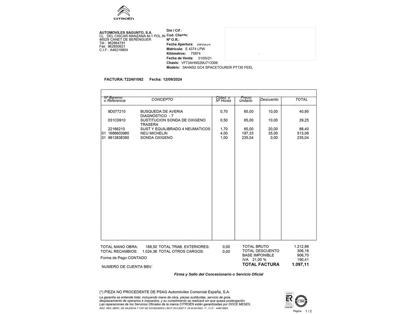 Foto del mantenimiento del Citroën Grand C4 Spacetourer Citroën Grand C4 Spacetourer PureTech 130 6v S&S Shine (130 CV) 7 Plazas