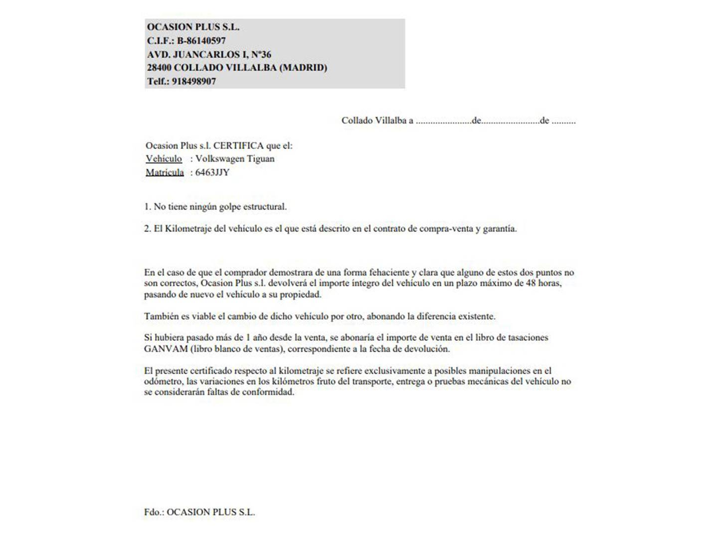 Foto del certificado del Volkswagen Tiguan Volkswagen Tiguan T1 2.0 TDI 4x2 (110 CV)