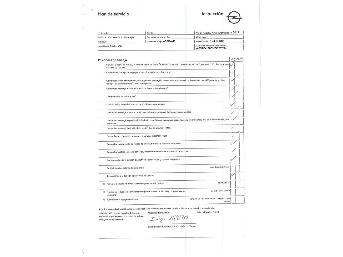 Foto del mantenimiento del Opel Astra Opel Astra 1.6 CDTI 120 Aniversario (110 CV)
