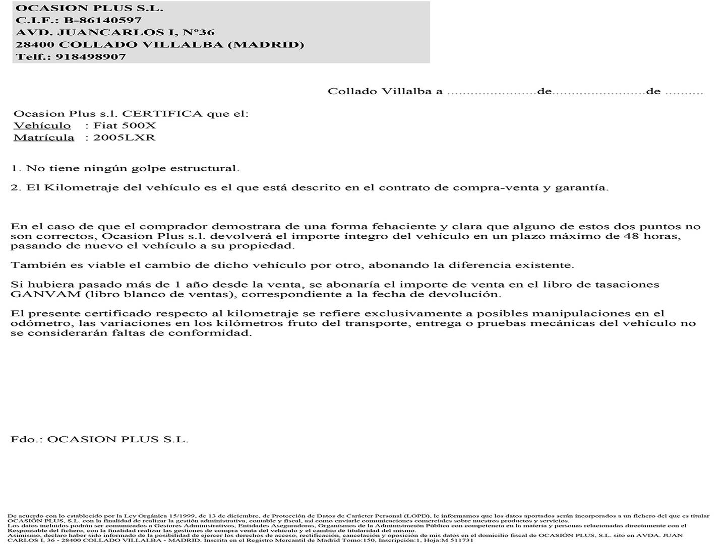 Foto del certificado del Fiat 500X Fiat 500X 1.3 Firefly S&S Cross T4 DCT (150 CV)