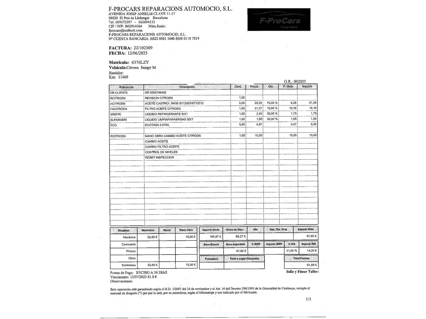 Foto del mantenimiento del Citroën Jumpy Citroën Jumpy Furgon BlueHDi 100 Talla XL (102 CV)