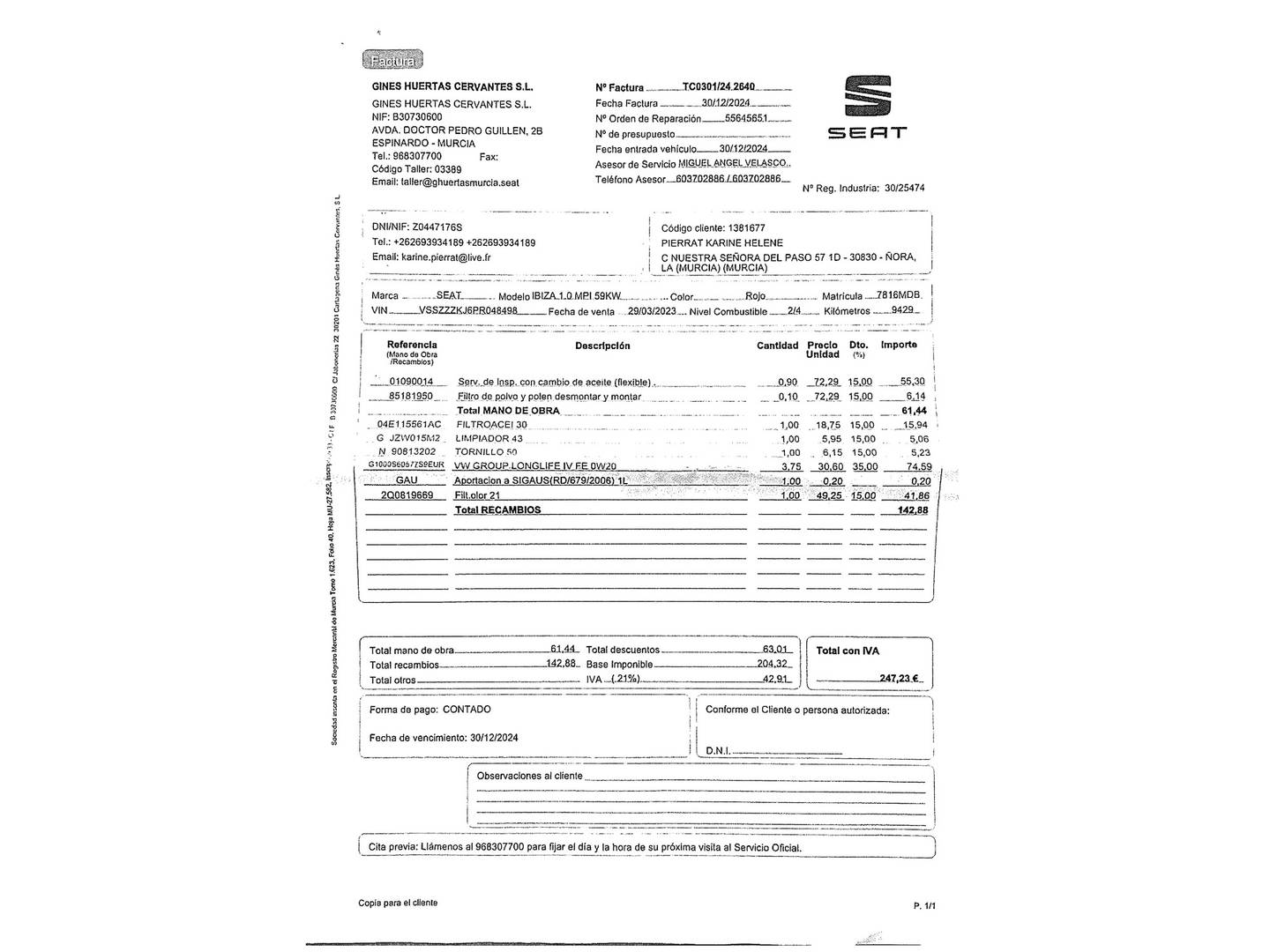 Foto del mantenimiento del Seat Ibiza Seat Ibiza 1.0 MPI S&S Reference XM Edition (80 CV)