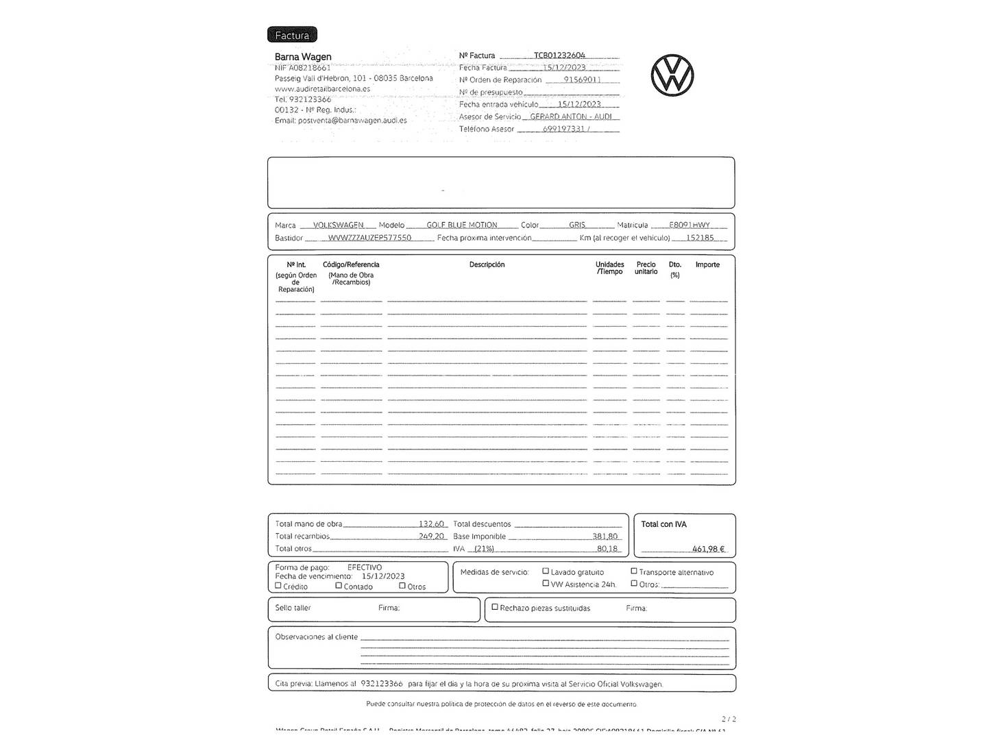 Foto del mantenimiento del Volkswagen Golf Volkswagen Golf Variant Business & Navi 1.6 TDI BMT (110 CV)