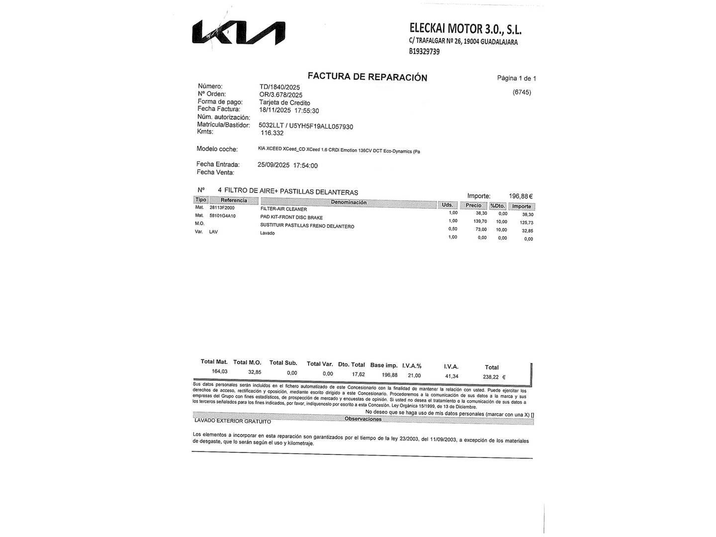 Foto del mantenimiento del KIA XCeed KIA XCeed 1.6 MHEV iMT Tech (115 CV)