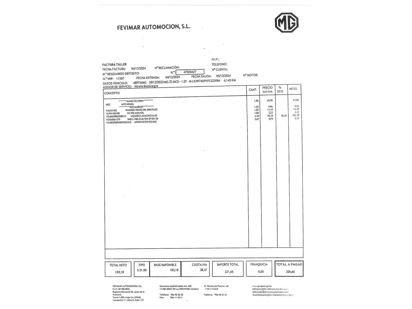 Foto del mantenimiento del MG ZS MG ZS 1.5 Comfort (106 CV)