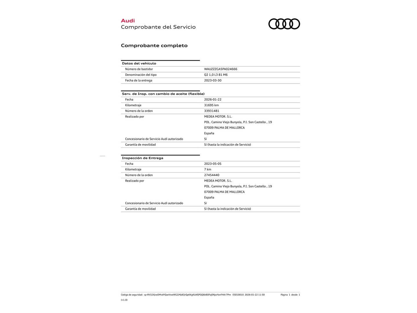 Foto del mantenimiento del Audi Q2 Audi Q2 Advanced 30 TFSI (110 CV)