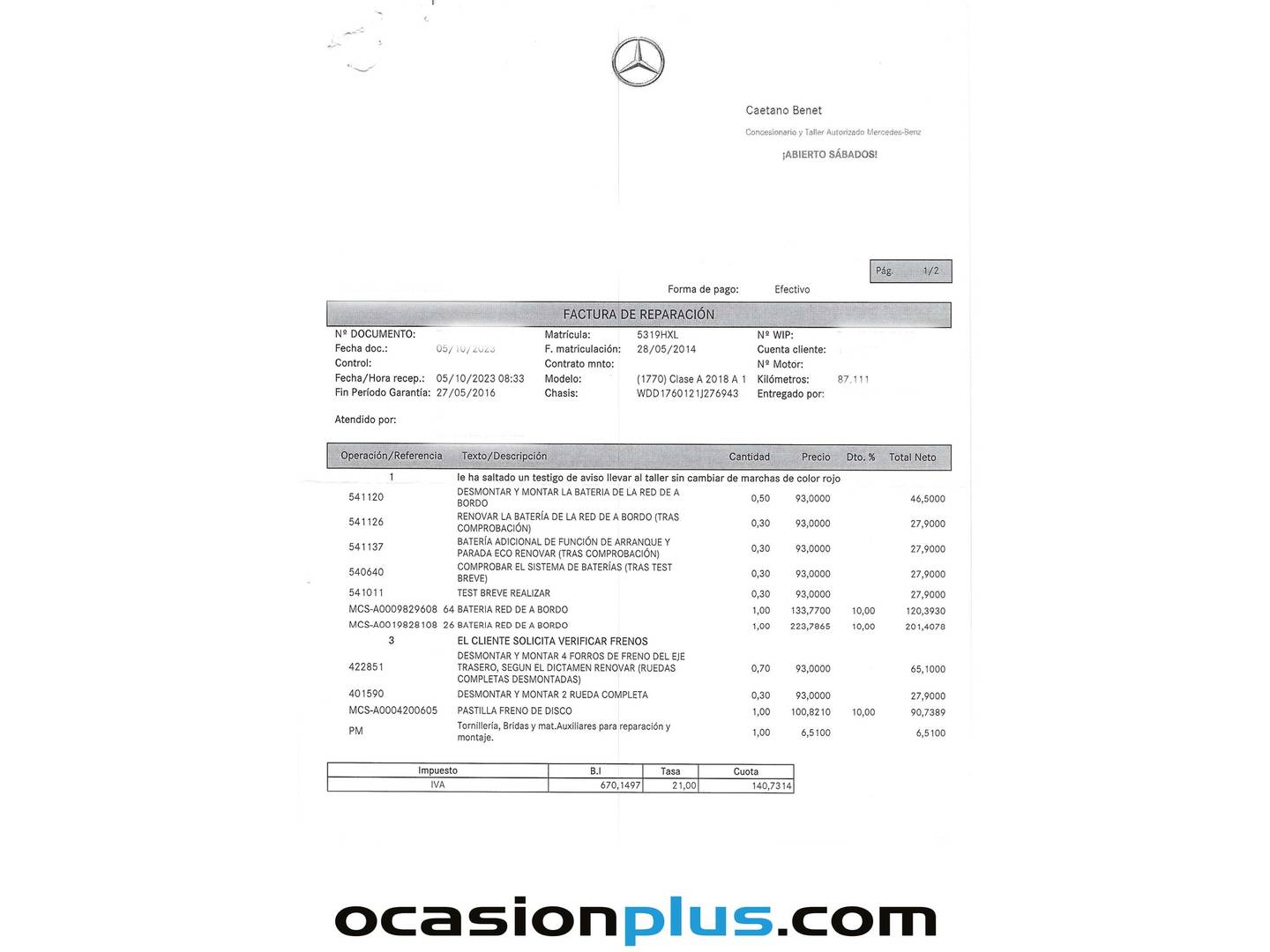 Foto del mantenimiento del Mercedes Clase A Mercedes Clase A 180 CDI Urban (109 CV)