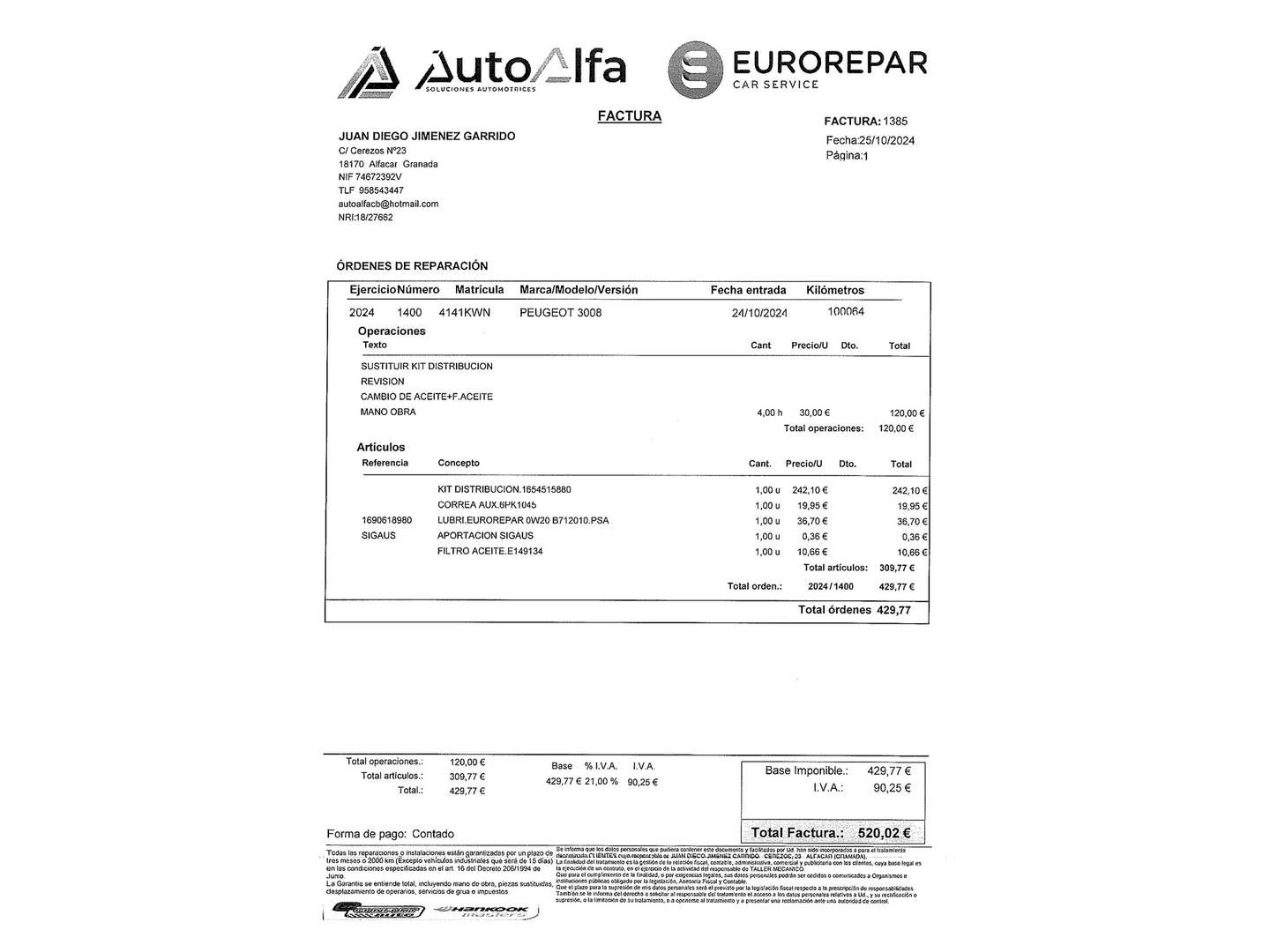Foto del mantenimiento del Peugeot 3008 Peugeot 3008 PureTech 130 Allure EAT8 (130 CV)
