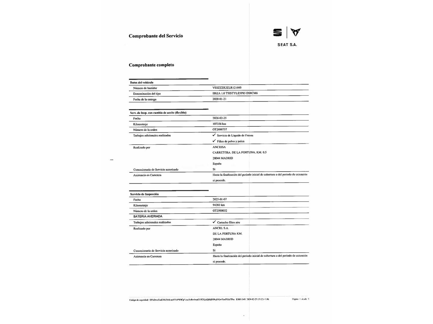 Foto del mantenimiento del Seat Ibiza SEAT Ibiza 1.0 TSI S&S Style (115 CV)