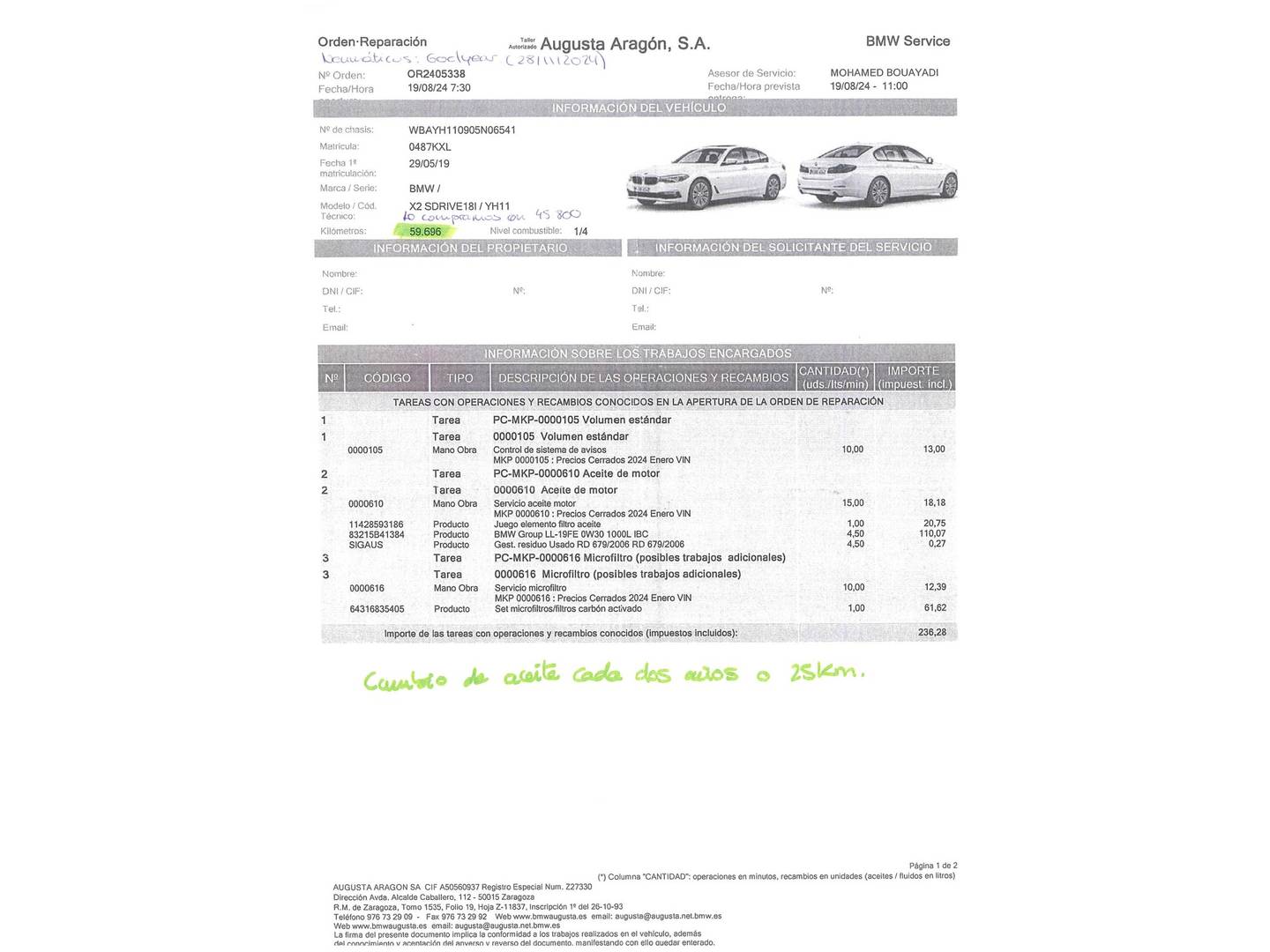 Foto del mantenimiento del BMW X2 BMW X2 sDrive18i (140 CV)