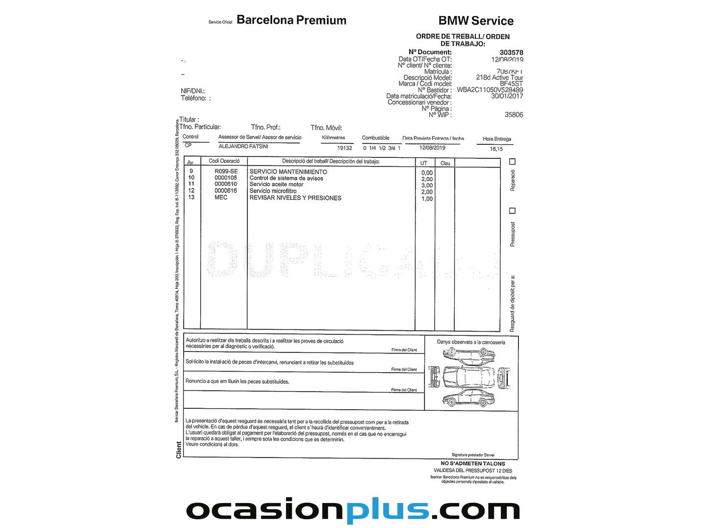 Foto del mantenimiento del BMW Serie 2 Active Tourer BMW Serie 2 218d Active Tourer (150 CV)