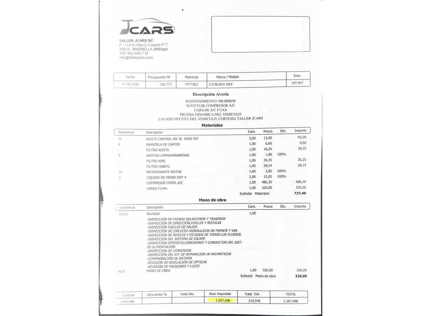 Foto del mantenimiento del DS DS4 Citroen DS4 1.6 e-HDi S&S Style 84 kW (114 CV)