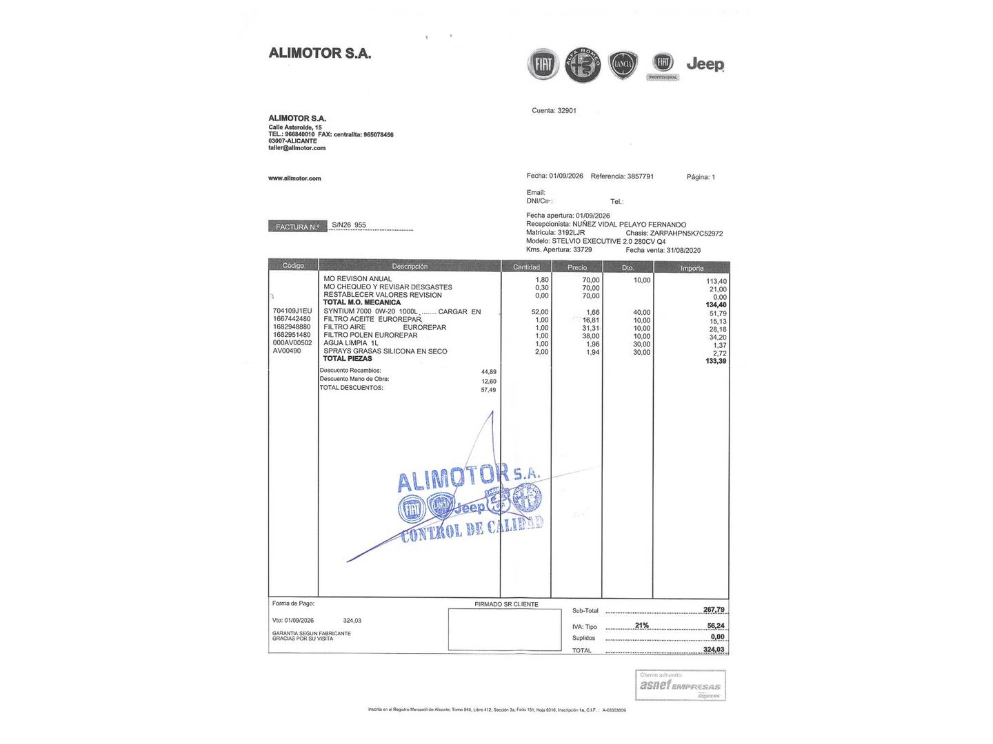 Foto del mantenimiento del Alfa Romeo Stelvio Alfa Romeo Stelvio 2.0 Gasolina Executive AWD (280 CV)