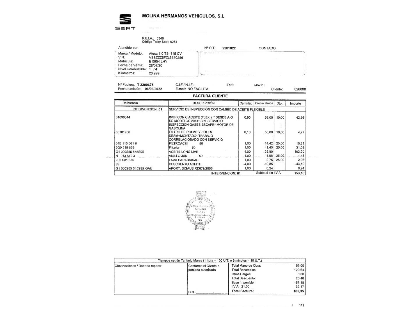 Foto del mantenimiento del Seat Ateca Seat Ateca 1.0 TSI S&S Ecomotive Style (115 CV)