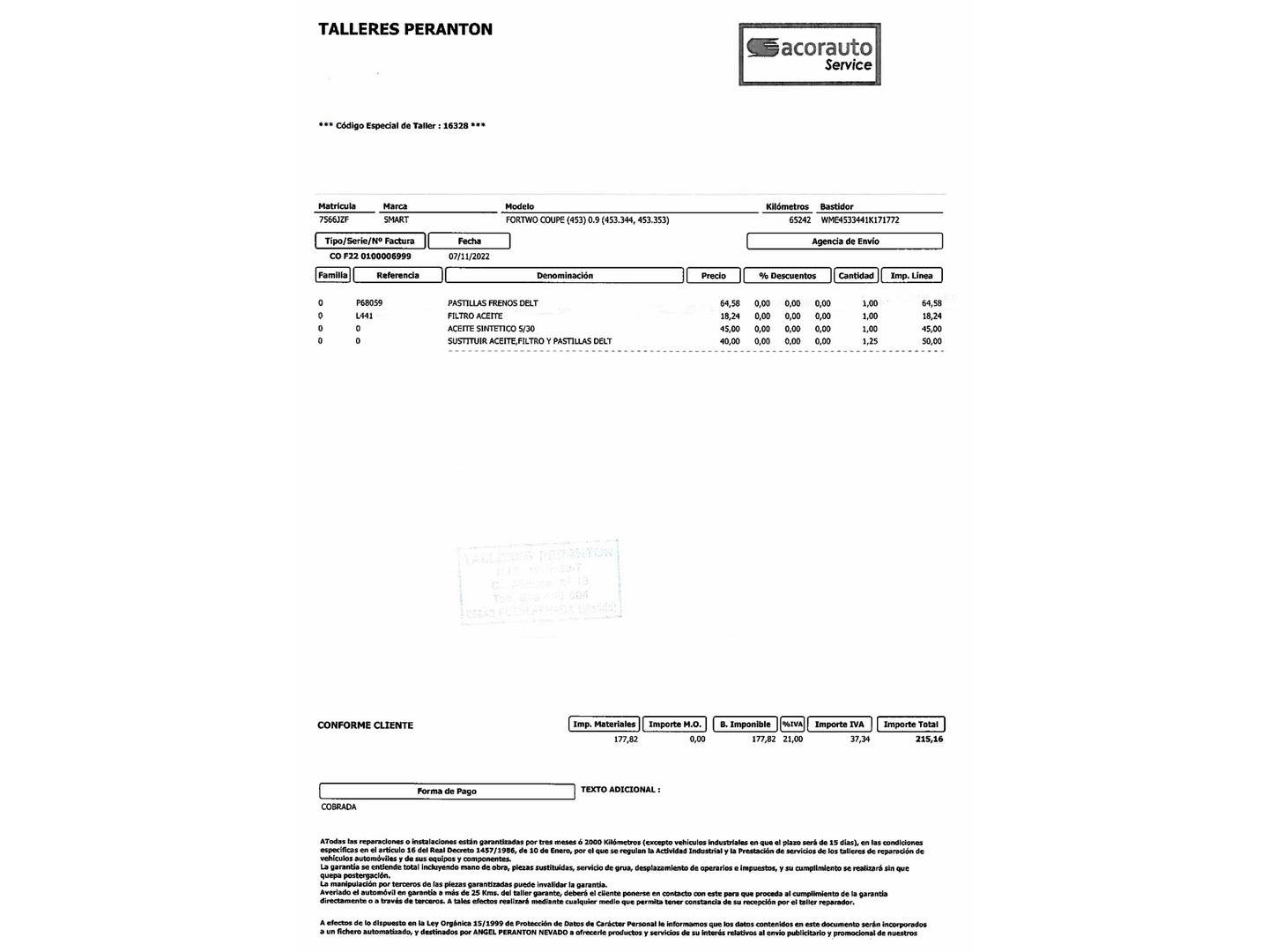 Foto del mantenimiento del Smart fortwo Smart ForTwo Coupe 66 Prime (90 CV)