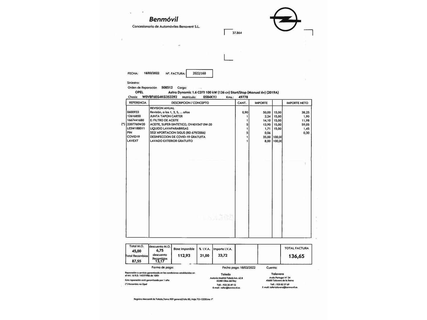 Foto del mantenimiento del Opel Astra Opel Astra 1.6 CDTi S&S Dynamic (136 CV)